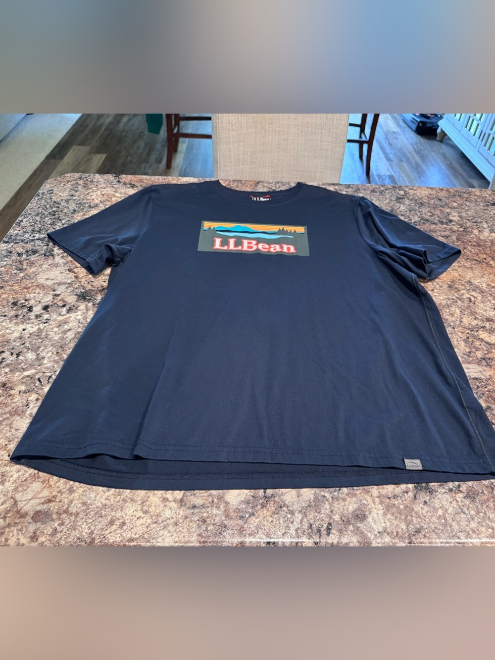 L.L. Bean Navy Short-Sleeve Logo Tee with Multicolor Chest Graphic